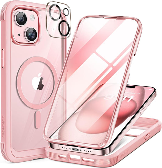 Miracase Glass Series for iPhone 15 Case [Compatible with MagSafe] Full-Body Magnetic Case with Built-in 9H Tempered Glass Anti-Fingerprint Screen Protector + Camera Lens Protector, Pink and Clear