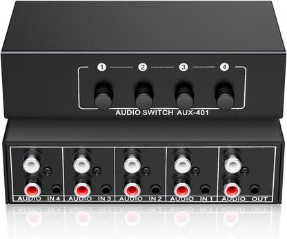 3.5mm Aux + RCA L/R Audio Switch Box 4 in 1 Out Bidirectional, BolAAzuL Stereo Audio Switcher Selector 4X1 Passive a/b Analog Audio Selector No Power Need