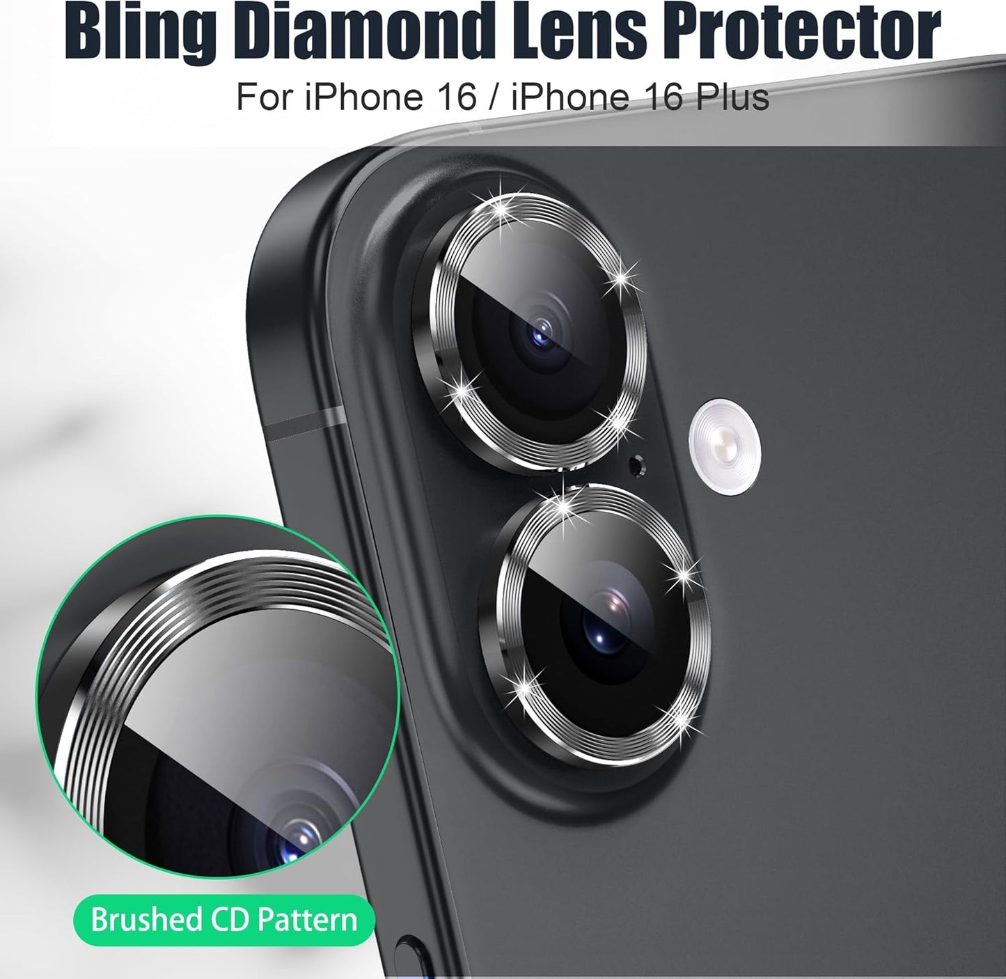 AGVEE 3+3 6 Pack for iPhone 16 6.1" / 16 Plus 6.7" Camera Lens Cover Protector, Bling Glitter & CD-Textured Metal Ring 9H Tempered HD Glass Camera Cover Protector Film, Glitter-Black