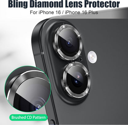 AGVEE 3+3 6 Pack for iPhone 16 6.1" / 16 Plus 6.7" Camera Lens Cover Protector, Bling Glitter & CD-Textured Metal Ring 9H Tempered HD Glass Camera Cover Protector Film, Glitter-Black