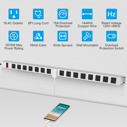 JUNNUJ Metal 16 Outlet Power Strip, Mountable Heavy Duty Power Strip, 1200J Surge Protector Wall Mount Screws Outlet with Switch, Gaming Desk Strips Wide Spaced 15A 125V 1875W, 6 FT 14AWG Power Cord