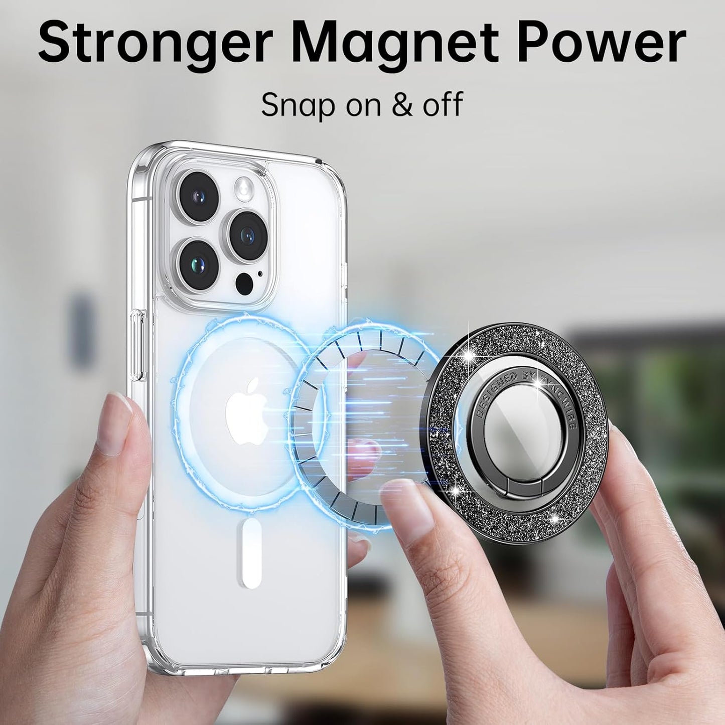 Syncwire Magnetic Phone Grip for MagSafe, Sparkle Phone Ring Holder, Rotatable Kickstand Bling Phone Ring Stand Removable MagSafe Accessories for iPhone 15 Pro Max 14 13 12,Android - Black Diamond