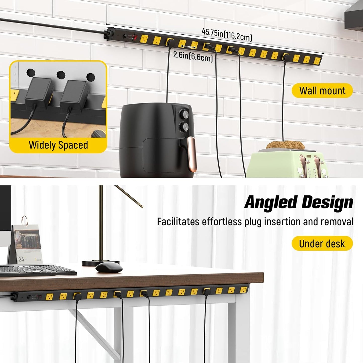 HHSOET 16 Outlet Long Power Strip, 6FT Heavy Duty Power Strip with 4800J Surge Protection, 20a Mountable Wide-Spaced Outlets for Home, Office, Garage & Workshop - ETL Certified