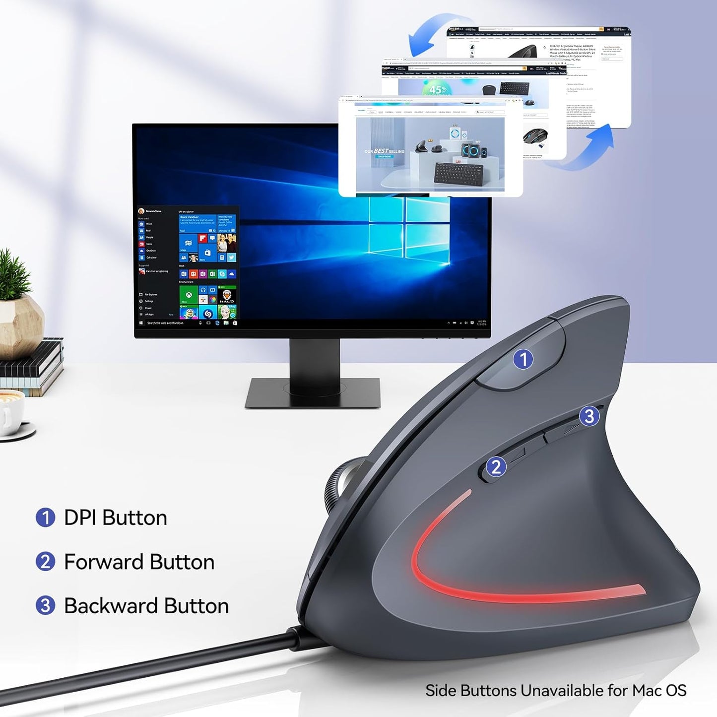 TECKNET Wired Mouse, 6400 DPI Ergonomic Mouse 6 Buttons Silent Mice 4 Adjustable DPI Vertical Mouse Compatible with Windows/Chrome/Laptop/Computer