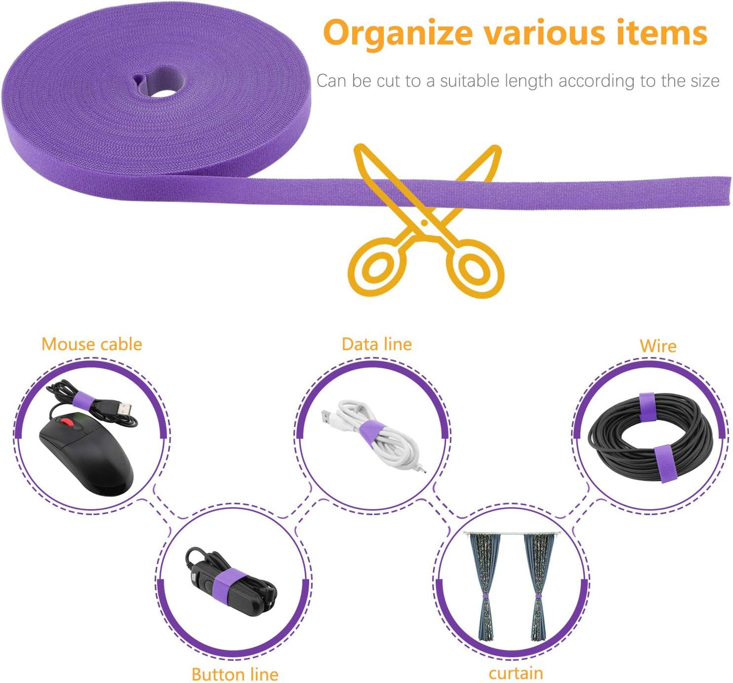 Reusable Fastening Tape Cable Ties 3/4 Inch Double Side Hook Roll (25 Yard, Purple)
