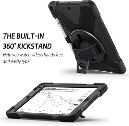 ZenRich Shockproof Case for iPad 9th/8th/7th Generation 10.2 inch 2021/2020/2019, Heavy Duty Rugged Case with Pencil Holder/360° Rotating Kickstand/Handle/Carrying Strap, Black