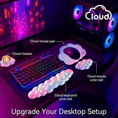 Cloud Wrist Rest for Computer Keyboard, 4-in-1 Memory Foam Leather Cloud Keyboard Wrist Rest and Mouse Pad Set with Ergonomic Support for Arm and Palm Cushion, Gaming/Work Setup, Black
