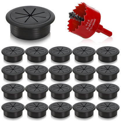 20 Pack Desk Grommets, 2 Inch Desk Cable Hole Cover with Built-in Hole Saw, Wire Cord Cable Grommet for Home Office, Black