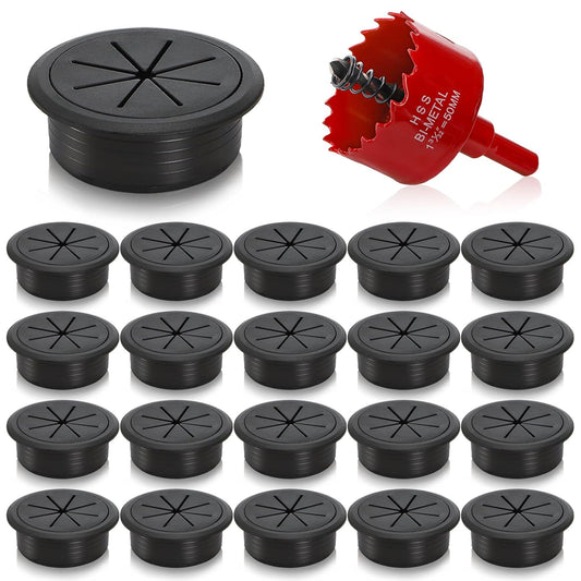 20 Pack Desk Grommets, 2 Inch Desk Cable Hole Cover with Built-in Hole Saw, Wire Cord Cable Grommet for Home Office, Black
