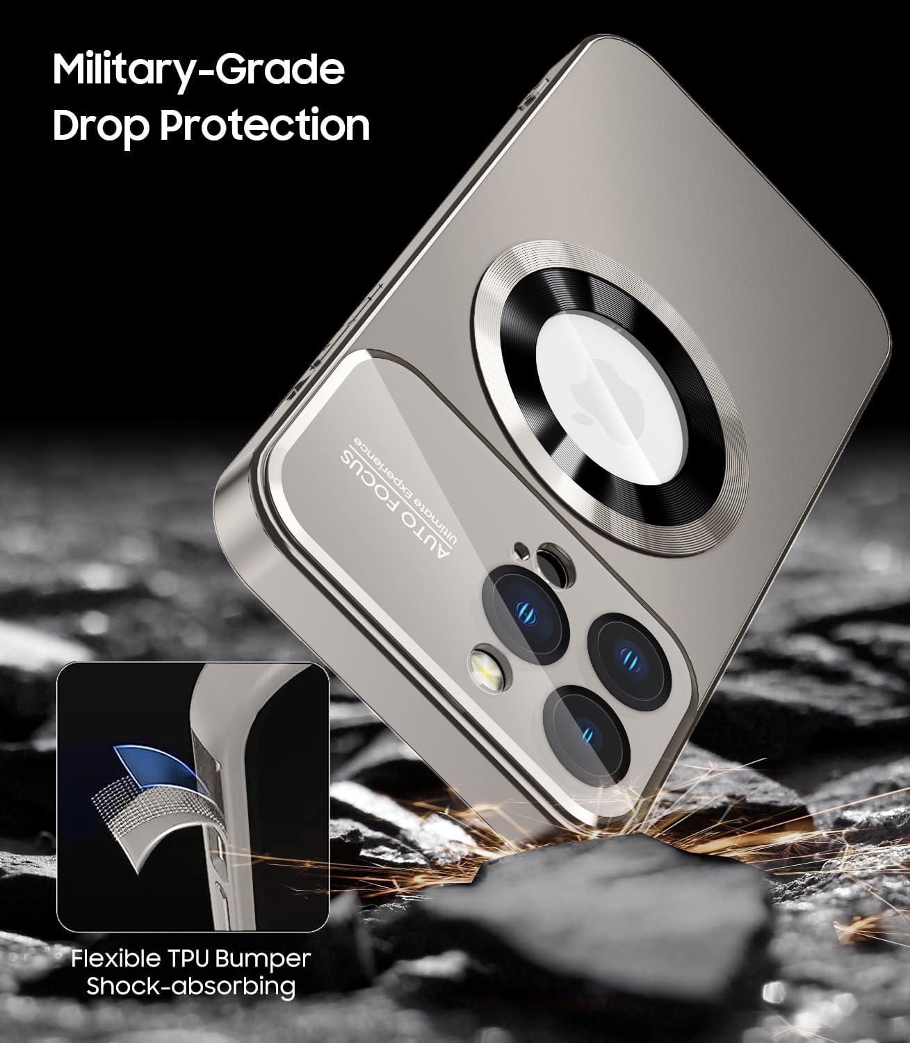 Magnetic for iPhone 16 Pro Case, Compatible with MagSafe, Built-in Camera Lens Protector, Logo View, Military Grade Drop Proof Phone Cover, Titanium Gray