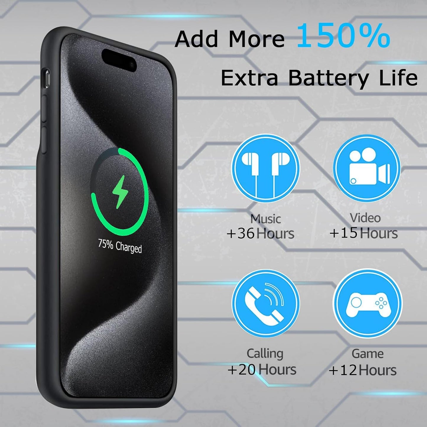 Battery Case for iPhone 15 Pro Max, Full Encircle 12000mAh Capacity Rechargeable Portable Charger Case Extended Battery Pack for iPhone 15 Pro Max(6.7 inch) Wireless Charging Case with Carplay-Black