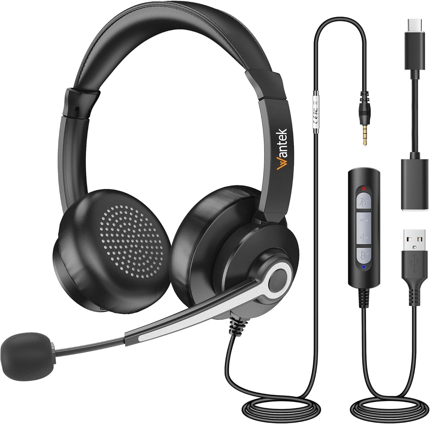 Wantek USB & 3.5mm Headset with Mic for PC/Laptop,Wired Headset with Noise-Cancelling Microphone & Audio Controls Perfect for Home Office Online Class Skype Zoom Call Center Webinar,All Day Comfort