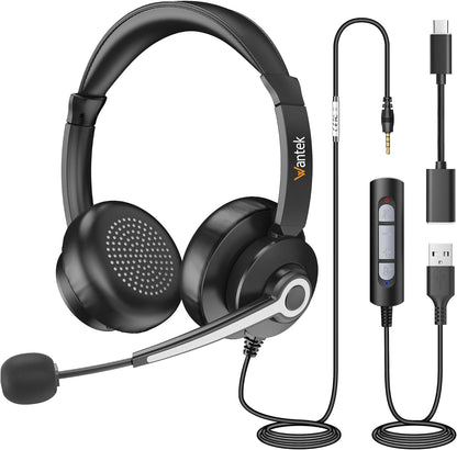 Wantek USB & 3.5mm Headset with Mic for PC/Laptop,Wired Headset with Noise-Cancelling Microphone & Audio Controls Perfect for Home Office Online Class Skype Zoom Call Center Webinar,All Day Comfort