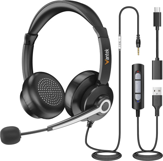 Wantek USB & 3.5mm Headset with Mic for PC/Laptop,Wired Headset with Noise-Cancelling Microphone & Audio Controls Perfect for Home Office Online Class Skype Zoom Call Center Webinar,All Day Comfort
