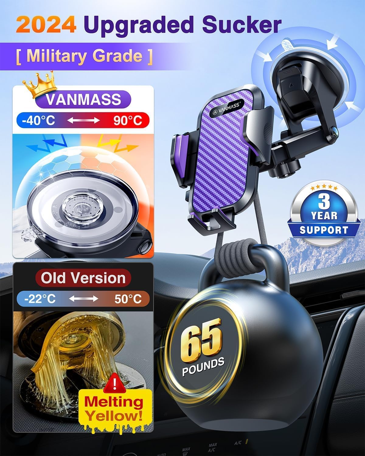 VANMASS [Longest Lasting] True Military-Grade Car Phone Holder Strongest Suction & Clip Cell Mount Dashboard Windshield Vent Automobile Cradle Truck Accessories for iPhone 16 15 Pro Max 14 13 Android