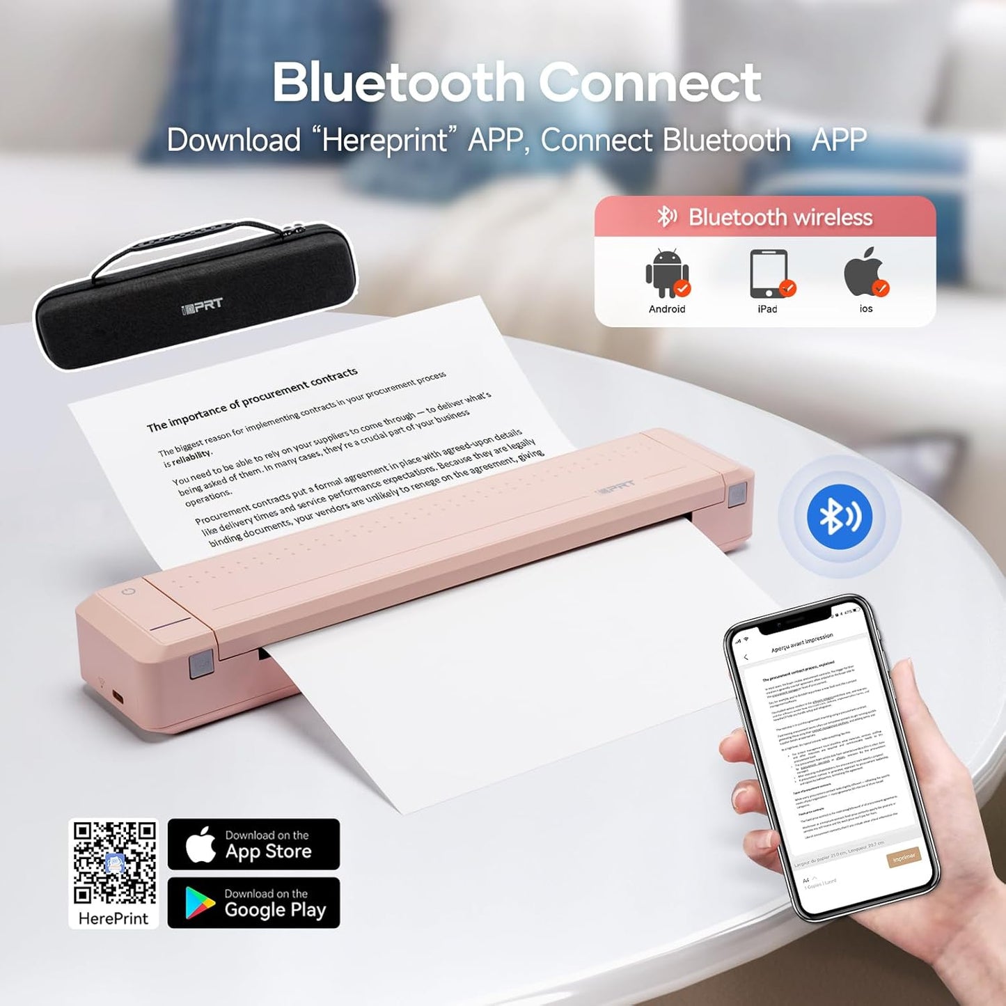 iDPRT Portable Thermal Printer with Case, 300DPI Inkless Mobile Printers for Travel, Home, Office, School, Vehicles, Support 8.5" X 11" US Letter/A4/A5, Wireless Bluetooth Printers, Pink