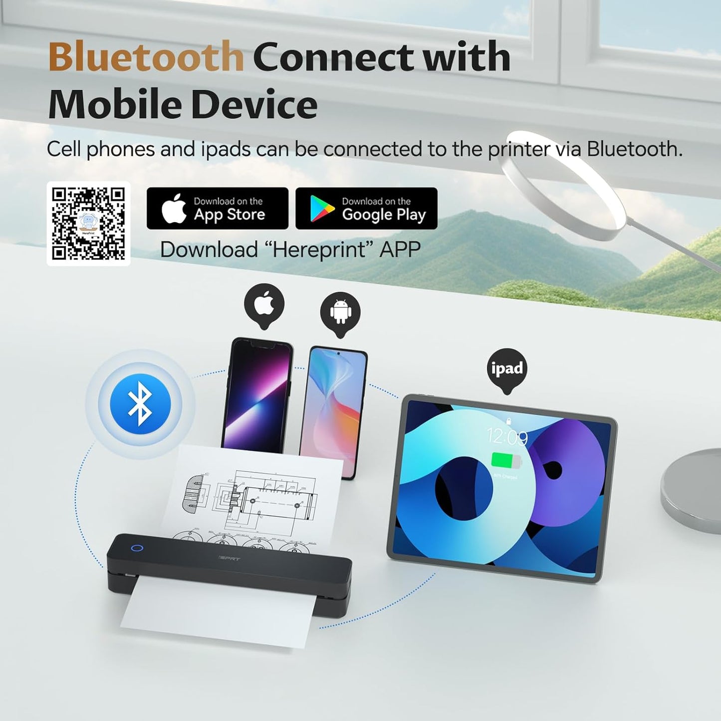 iDPRT Portable-Printer Wireless for Travel, 300DPI Inkless Thermal Small Printers for Home Use, Office, Vehicles, Mobile Bluetooth Printer Supports 8.5" x 11" US Letter, for Smartphone & PC,Dark Black