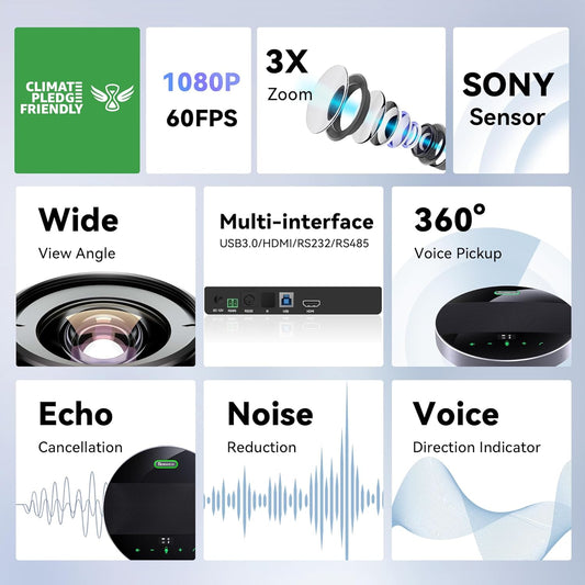 Tenveo All-in-One Conference System 3X Optical Zoom PTZ Camera and MagiCall Bluetooth Speakerphone Upgraded System Audio and Video Output USB3.0/HDMI/RS485/RS232 Works with Zoom OBS for Large Meeting