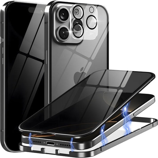 Privacy Magnetic Case for iPhone 16 Plus with Metal Titanium Frame Privacy Screen Protector & Camera Lens Protector, Magnetic Adsorption Double Sided Glass Case Anti Peep Anti Spy Phone Cover