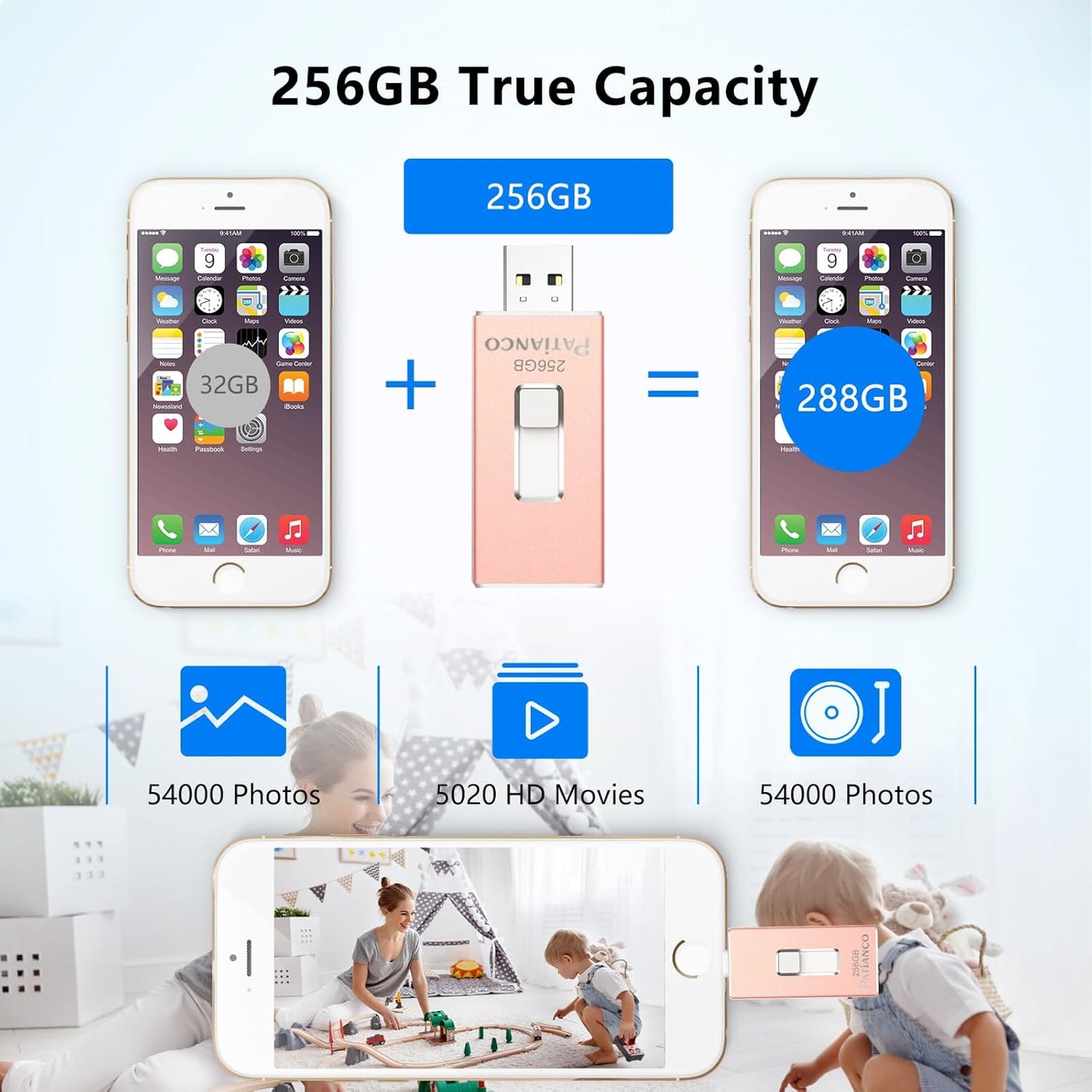 Photo Stick Apple MFi Certified for iPhone 256GB, USB Flash Drive for iPhone Thumb Drive, iPhone-Memory-Stick for iPad/iPhone/Computer Picture Keeper Portable Hard Drive Pink