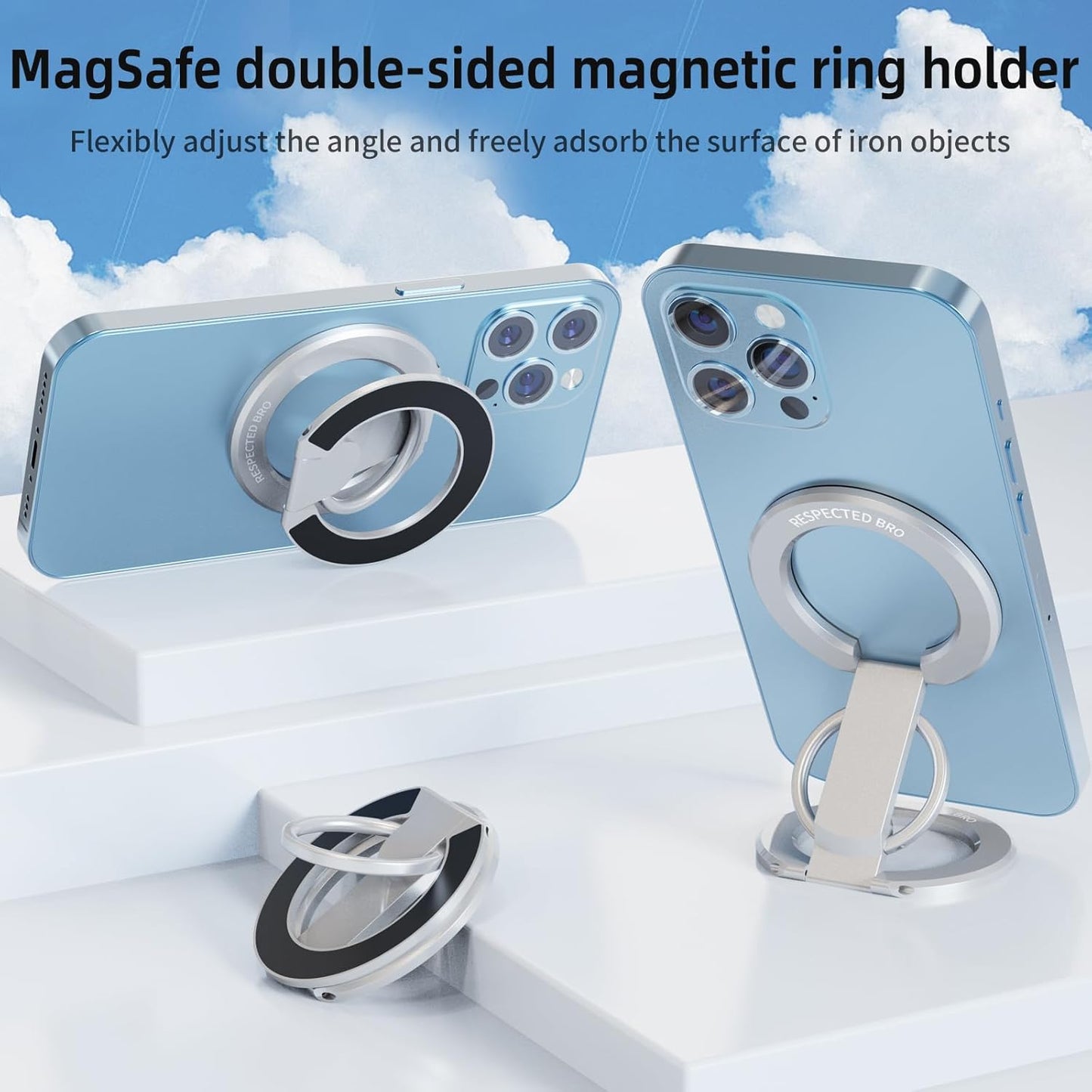 Magnetic-Phone-Ring-Holder with Dual Rings, Compatible with iPhone 16/15/14/13/12, Multifunctional Stand for Desk,Office,Gym,Kitchen & All Metal Surfaces, Finger Loop Grip (Silver)