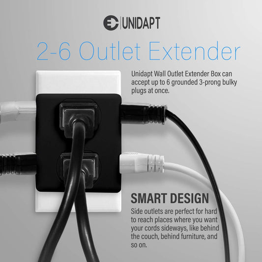 Multi Plug Outlet Splitter, Unidapt Multiple Outlets Extender Adapter with 6 AC Sockets, Side Splitter Box, Wall Power Plug Expander for Home Hotel Office Dorm Essentials, 2-Pack (Black)