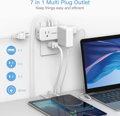 Multi Plug Outlet Splitter with USB, TESSAN 4 Electrical Multiple Outlet Extender with 3 USB Ports, Mini Double Plug Expander Surge Protector for Home, Office, Kitchen, Dorm Essentials, White