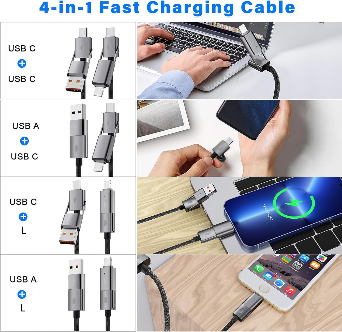 2Pack 4 in 1 USB C Cable Fast Charging PD 65W 27W Multi Charger Cord with Type C/USB A/L Port, 3FT Round Braided Dual USB-C Cable for iPhone 16 15 14 Pro Max/Samsung/i-Pad/MacBook