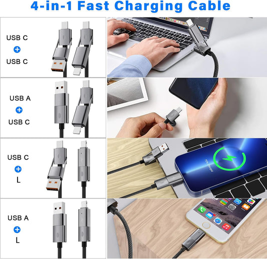 4 in 1 USB C Cable, 2Pack [Upgraded] Multi Fast Charging Cable, PD 65W 27W, 6FT+3FT, Round Braided, Compatible with iPhone/iPad/Samsung/MacBook