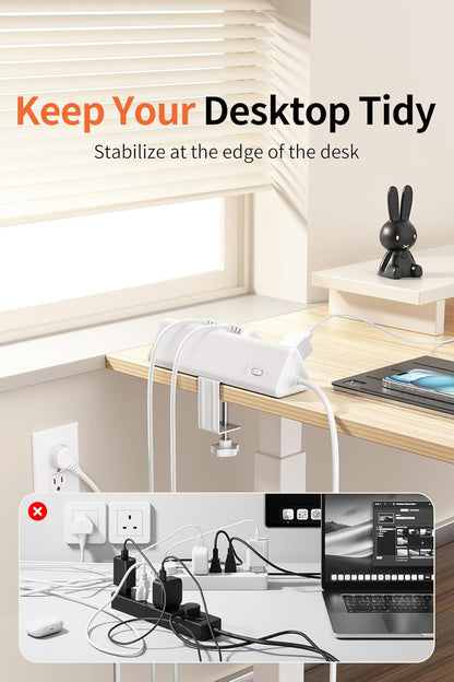 6.5 FT Desk Clamp Power Strip with 5 AC Outlets & 6 USB Ports PD 40W USB-C Fast Charging, 1250J Surge Protector, Fits 2.6 in top Edge White