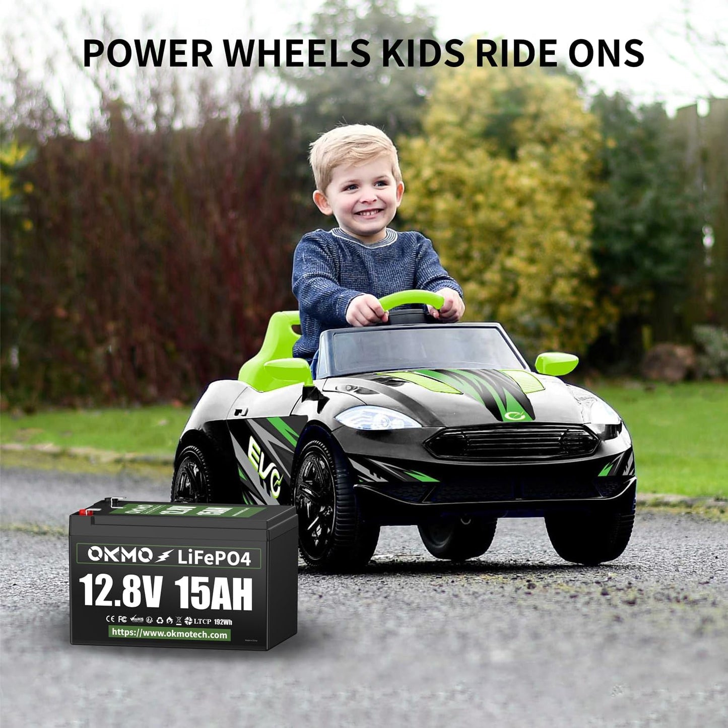 OKMO 12V 15Ah LiFePO4 Lithium Battery 12.8V, 4000+ Deep Cycles rechargeable Battery, for UPS, Kayak Fish Finder, Solar Panel, Power Wheels Toys, Scooter, Radio