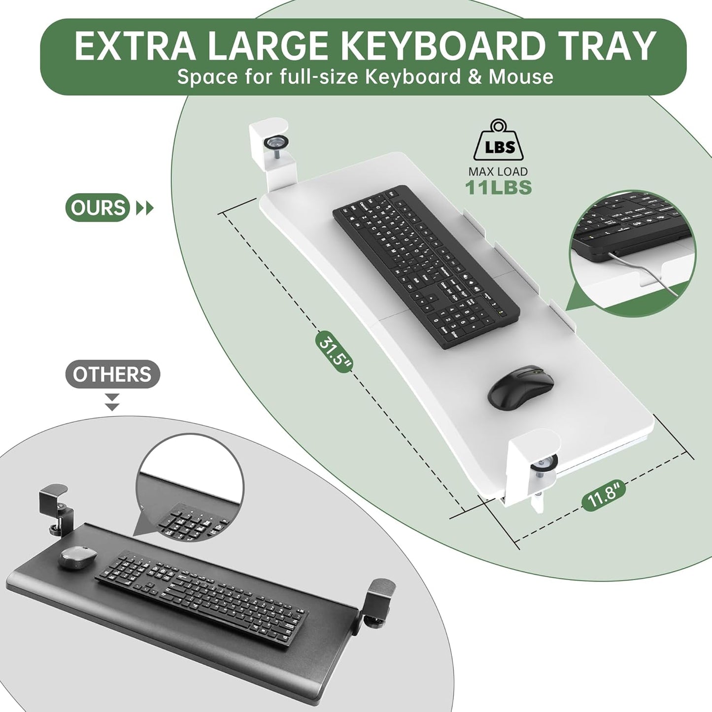 Extra Large Keyboard Tray Under Desk - Slide Out with Sturdy C-Clip Mount System, 31.5" (35.8" Including Clamps) x 11.8" Put-Out Keyboard Tray Computer Drawer for Ergonomic Typing, White