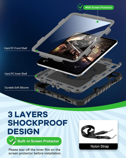 Cantis Case for iPad 11-inch (A16) 2025/ iPad 10th Generation 2022 (10.9 inch) with Screen Protector, iPad 11th Case with 360 Degree Rotating Stand/Shoulder Strap/Pencil Holder, Black+Grey