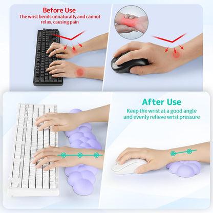 Cloud Wrist Rest for Keyboard and Mouse, Memory Foam PU Leather Keyboard Wrist Rest with Ergonomic Support, Non-Slip Base, Cute Arm Rest Pad & Palm Cushion, Office Desk Accessory, Purple