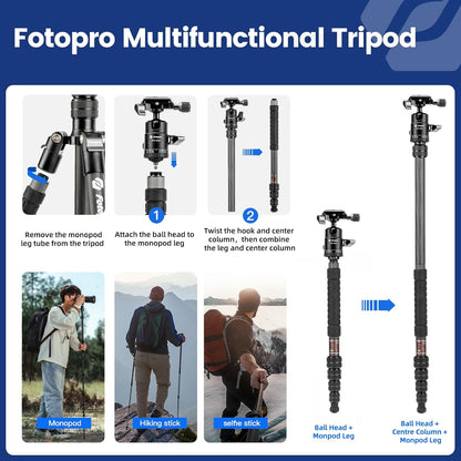 Fotopro 59" Carbon Fiber Travel Tripod, Lightweight Compact Camera Tripod with Ball Head Quick Release Plate, Compact Detachable Monopod with Carry Bag, Load up to 8KG/17.63lbs