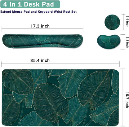 Ergonomic Large Mouse Pad and Keyboard Wrist Rest, Desk Pad for Keyboard and Mouse, 4-in-1 Large Gaming Mouse Pad with Wrist Support for Home Office Study Game-Green Leaves