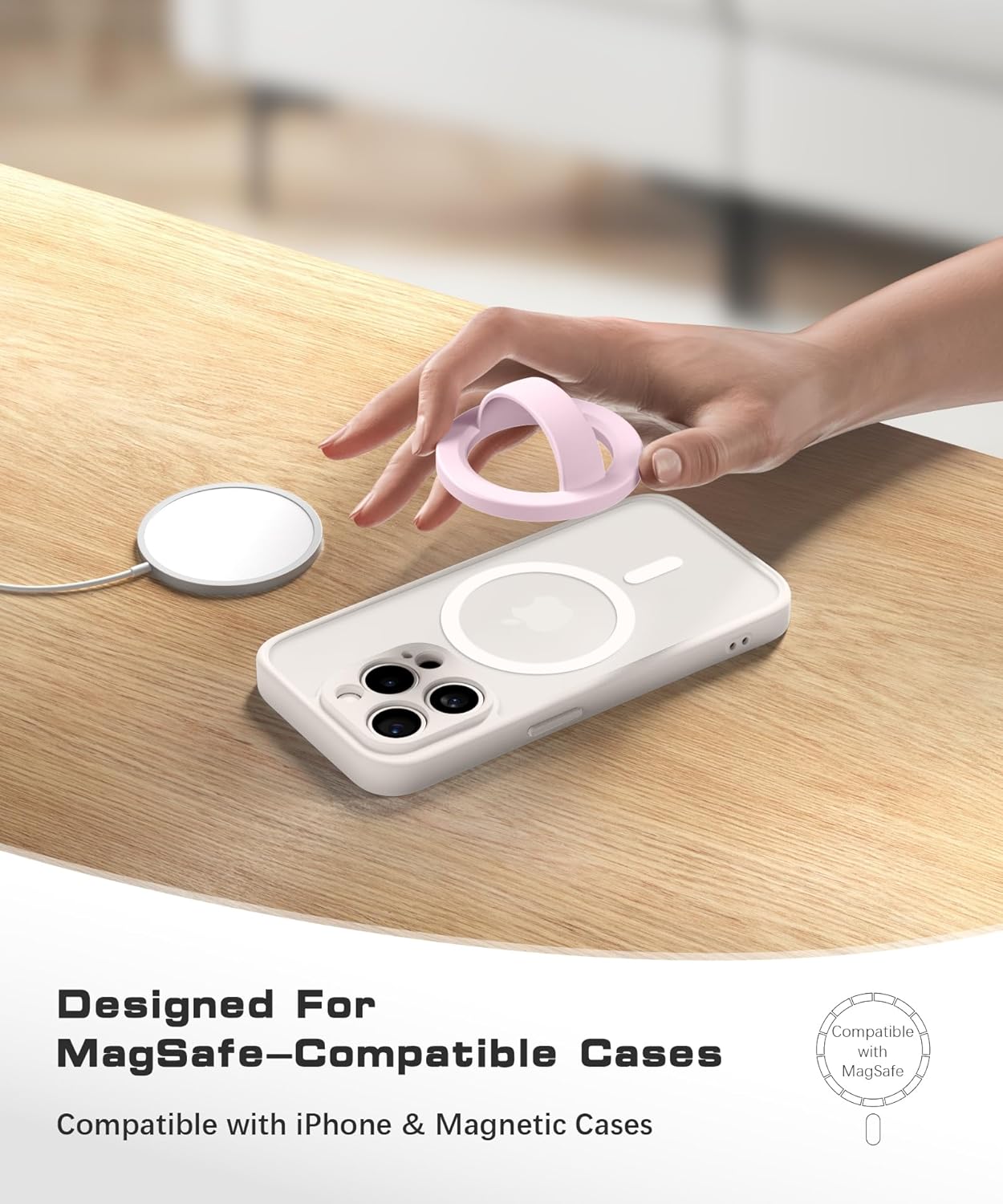 Magnetic Phone Grip, Removable Loop Grip with Soft Finger Strap, Silicone Phone Ring Holder for Back of Phone for iPhone 16/15/14/13/12 Pro Max/Plus, Chalk Pink