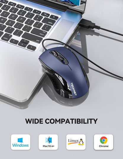 TECKNET USB Wired Mouse, 3600DPI Corded Computer Mouse with 4 Adjustable Levels, 6-Button 5FT Cord Ergonomic Mice, Home and Office Mouse for Laptop PC Desktop Notebook - Blue