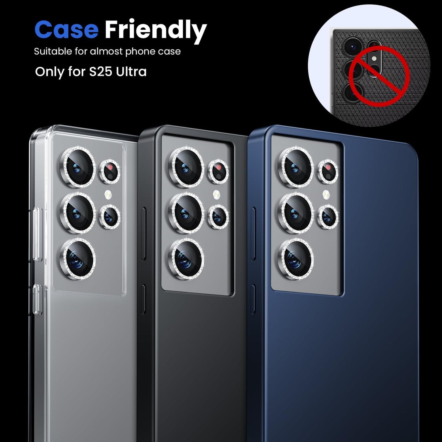 WSKEN for Samsung Galaxy S25 Ultra Camera Lens Protector - Ultra Thin Case Friendly, 9H Shatterproof Tempered Glass with Aluminum Metal Circle Camera Screen Protector Cover Accessories, Glitter
