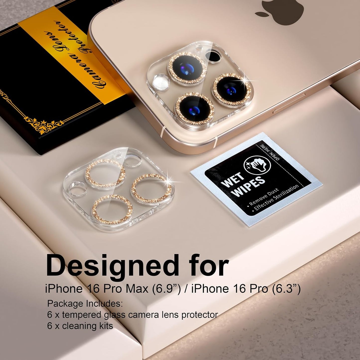 beuxece for 6 Pack iPhone 16 Pro/iPhone 16 Pro Max Camera Lens Protector [Drop Protection] [Case Friendly] [Easy Installation] 9H Tempered Glass Camera Screen Protector Cover, Glitter Gold