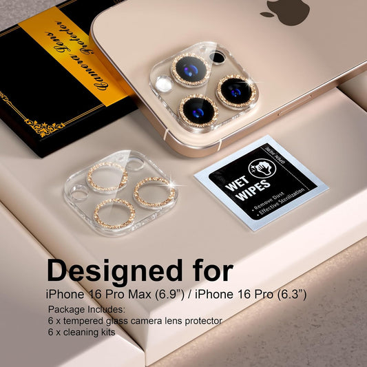 beuxece for 6 Pack iPhone 16 Pro/iPhone 16 Pro Max Camera Lens Protector [Drop Protection] [Case Friendly] [Easy Installation] 9H Tempered Glass Camera Screen Protector Cover, Glitter Gold