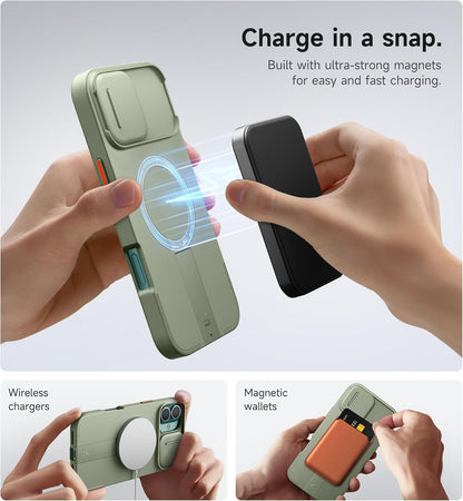 SURITCH for iPhone 16 Plus Case with Magnetic Camera Slide Cover and Adjustable Kickstand, Compatible with MagSafe, Shockproof Bumper Case Slim Protective Cover for iPhone 16 Plus 6.7 Inch, Green