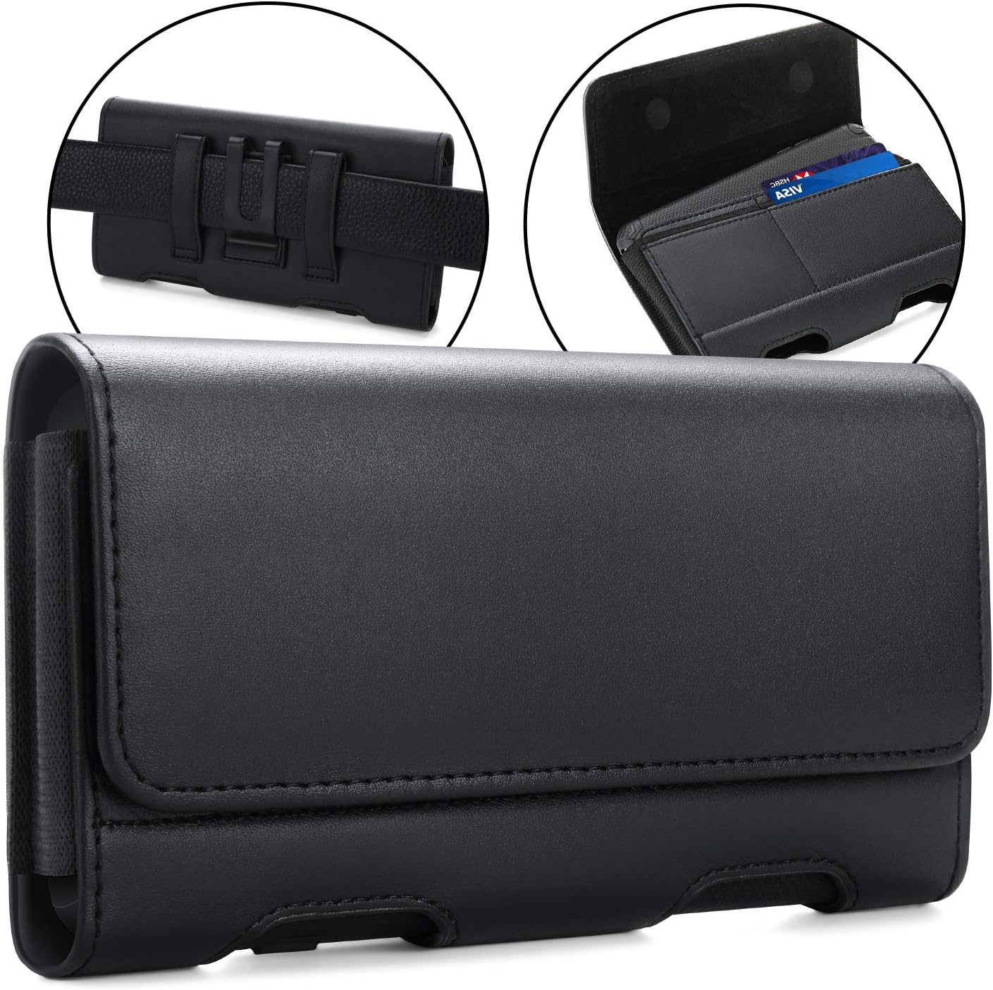 BECPLT Leather Holster Pouch with ID Card Holder, Belt Clip Case for iPhone 13 Mini, 12 Mini, 8, 7, 6s, 6, Galaxy S10e (Fit with Thin Case on)