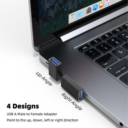 AreMe 90 Degree USB 3.0 Adapter 4 Pack, Up and Down Angle, Left and Right Angle USB A Male to Female Converter Extender for PC, Laptop, USB A Charger, Power Bank and More (Black)
