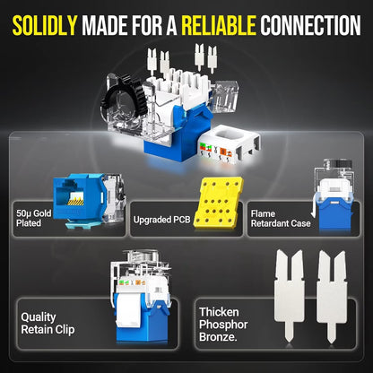 AMPCOM CAT6A UTP RJ45 Keystone Jack 50u Gold Plating Reusable Ethernet Wall Jack with Adjustable Ratchet Lock (No Tool and Zip Tie Required) - Blue (12-Pack)