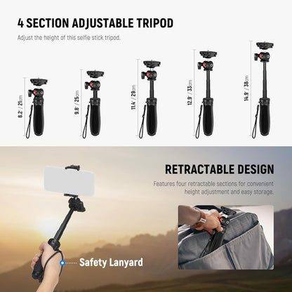 NEEWER TP38 Phone Camera Tripod, 15" Extendable Selfie Stick Metal Stand with Phone Holder, Action Camera Adapter Compatible with Hero 12 11 10 9, 360° Ball Head Travel Tripod for Vlogging