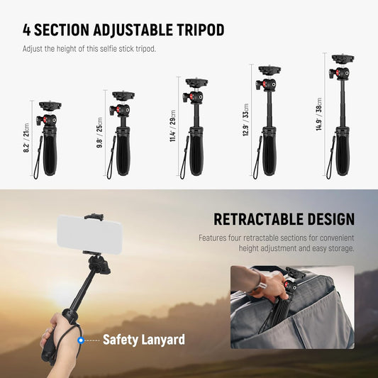 NEEWER TP38 Phone Camera Tripod, 15" Extendable Selfie Stick Metal Stand with Phone Holder, Action Camera Adapter Compatible with Hero 12 11 10 9, 360° Ball Head Travel Tripod for Vlogging