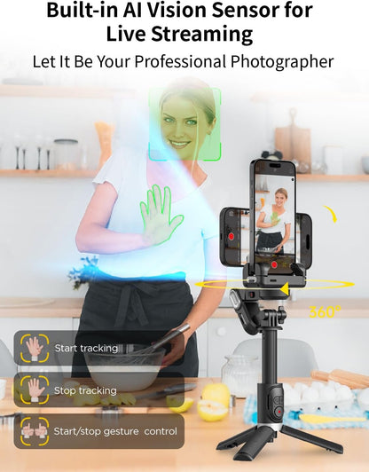 Gimbal Stabilizer for Smartphone, 4 in 1 Phone Gimbal w/360° Rotation for iPhone/Andriod Sefie Stick Tripod w/Auto Face Tracking and Wireless Remote for TIK Tok YouTube Vlogging-M1 Pro Black