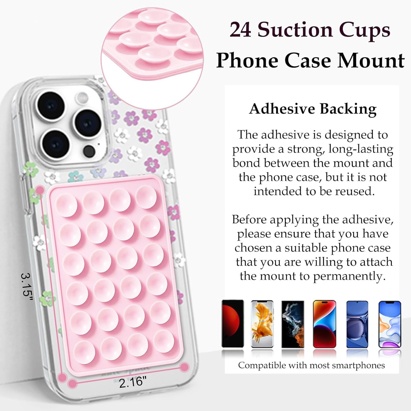 Silicone Suction Phone Case Mount, Non Slip Sticky Phone Grip for Cellphone, Silicon Adhesive Suction Cup Phone Mount, Strong Grip Holder for Selfies and Videos (Pink)