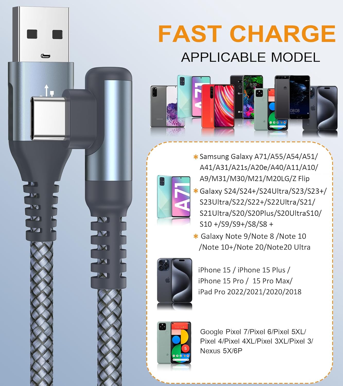 USB C Cable Right Angle [2-Pack, 5FT+5FT], USB Type C iPhone 16 Charger Cable Nylon Braided Cord for iPhone 15 16 pro max Plus Samsung Galaxy S25 S24 S23 S22 S21 S10 S9 S8 Note 20 10 9 8,LG,Moto,PS5